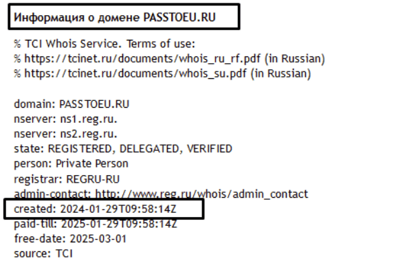 дата регистрации домена сайта компании passtoeu.ru